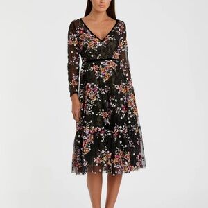 Mac Duggal Black Floral Sequins Overlay Lace Velvet Trim Midi Long Dress 0 XS